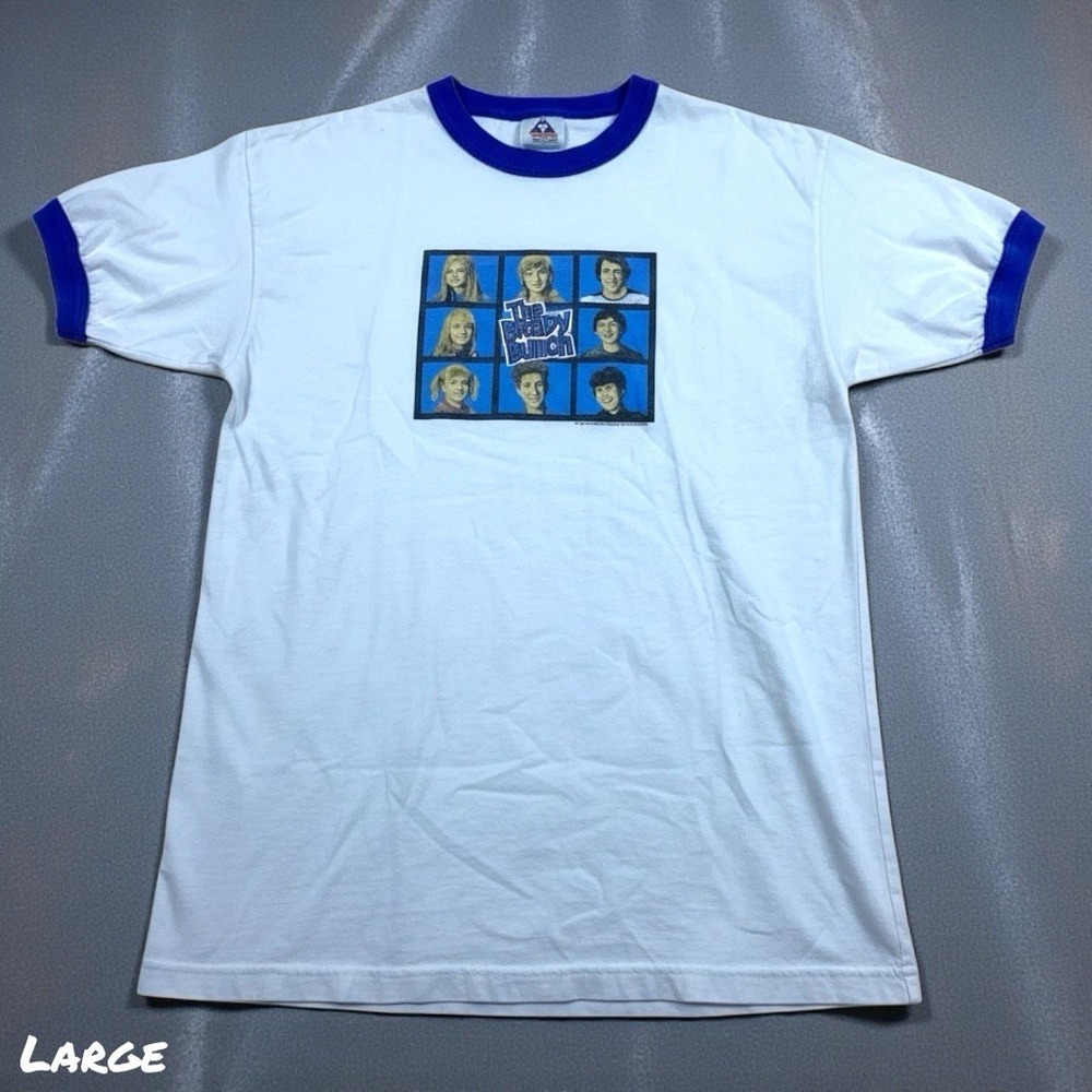 VTG The Brady Bunch T-Shirt Mens LARGE White Blue Ringer Tee Retro TV Show Y2K